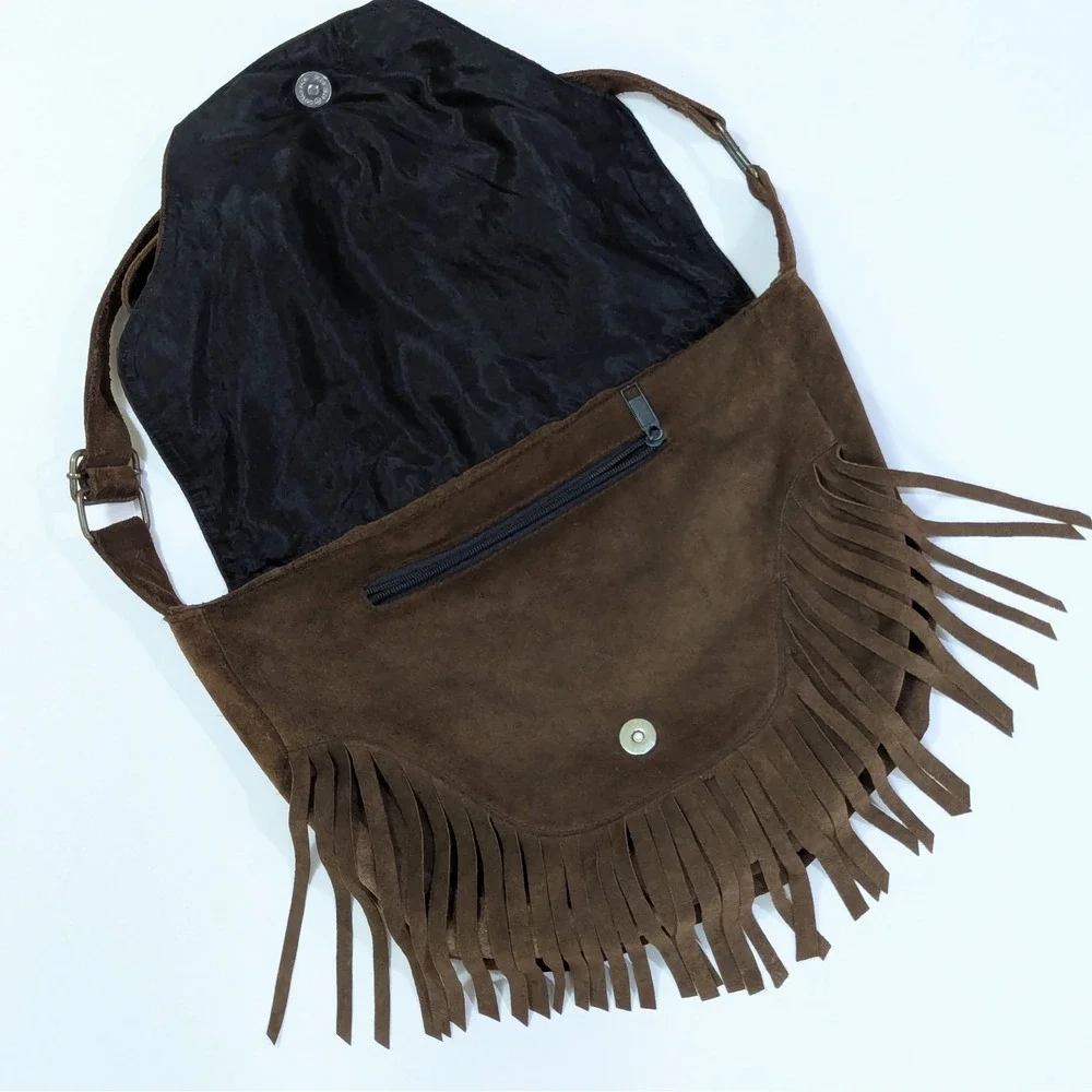 Vintage Brown Suede Leather Fringe Bag Purse Adjustable Strap Boho Slouchy INDIA